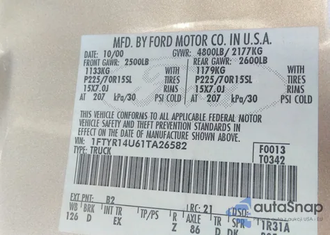 2001 Ford Ranger Edge/Xl/Xlt z USA, uszkodzony, nr VIN 1FTYR14U61TA26582